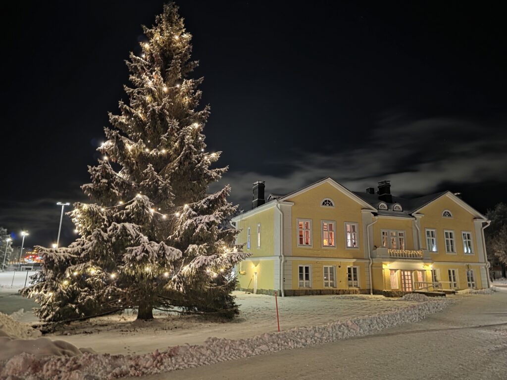 Kuva rakennuksesta ja kuusesta.