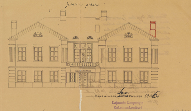Vanha piirustus rakennuksen julkisivusta.